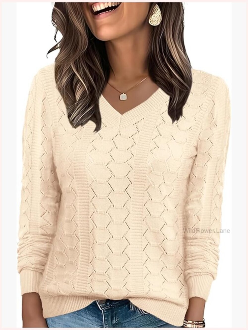 V Neck Long Sleeve Hollow Out Pullover Sweater Top
